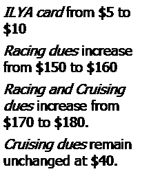 Text Box: ILYA card from $5 to $10Racing dues increase from $150 to $160Racing and Cruising dues increase from $170 to $180.Cruising dues remain unchanged at $40.